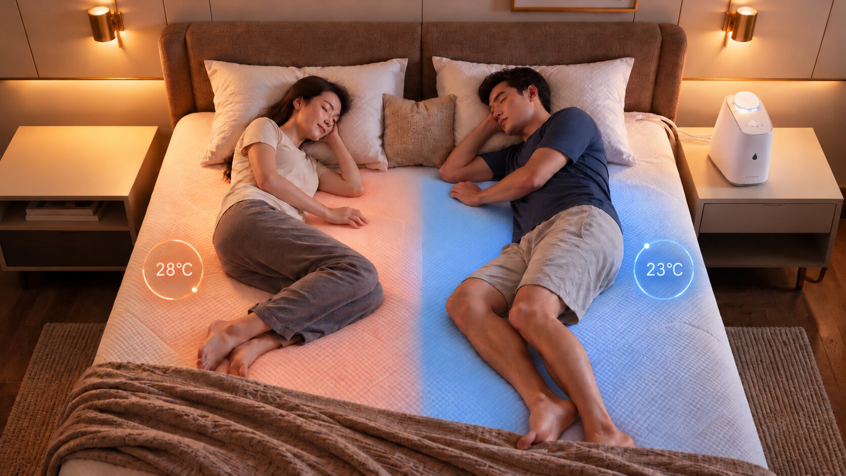 Two sleepers on one bed with independent left and right temperature zones — 28°C on one side, 23°C on the other
