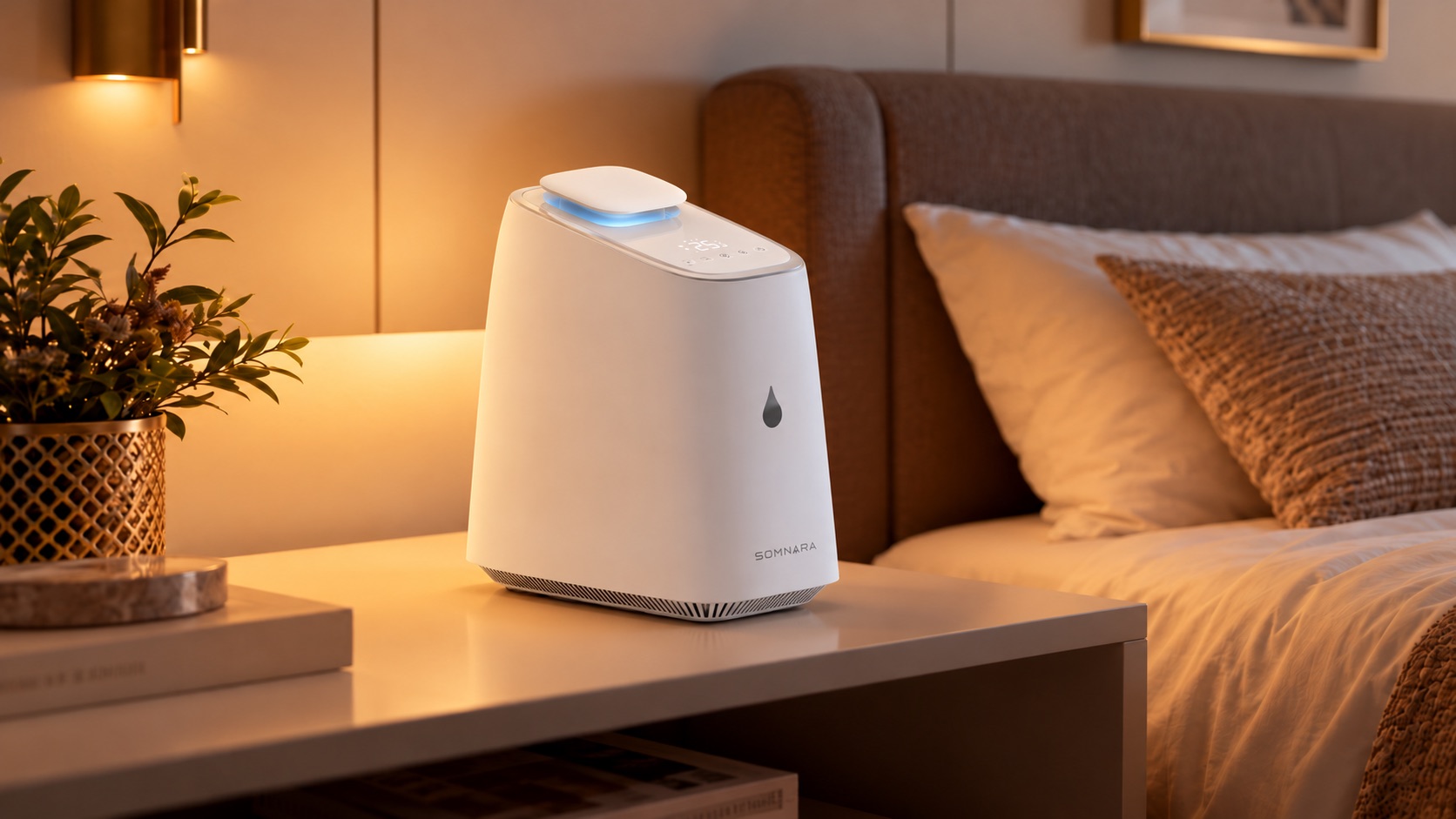 SOMNARA hub on a nightstand beside a bed